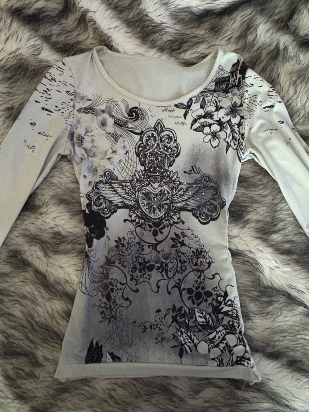 Women’s Affliction White Graphic Long Sleeve Top with Black Cross